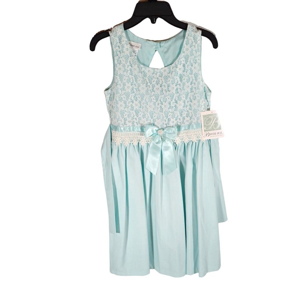 Mint Green Sleeveless‎ Lined Dress With White Lace Overlay & Satin Bow. NEW